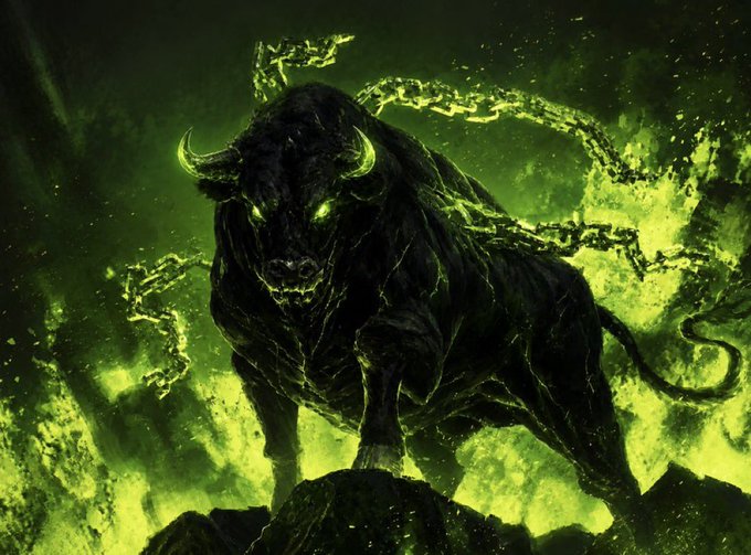 A menacing black bull with glowing green eyes and lightning-like green energy crackling around its horns and body stands on a rocky outcrop against a stormy, emerald-lit sky, symbolizing the fierce bullish market sentiment referenced by "$ANSEM szn."