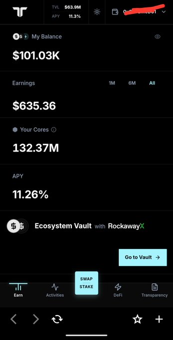 A mobile screenshot of a financial dashboard showing a balance of $101.03K, earnings of $635.36, and 132.37M 'Your Cores' at 11.26% APY, with an Ecosystem Vault promotion featuring RockawayX and navigation tabs for Earn, Activities, SWAP STAKE, DeFi, and Transparency.