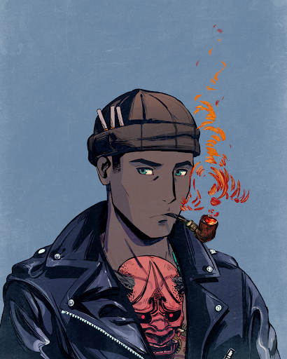 A digital illustration of a man wearing a beanie and a black leather jacket, smoking a pipe with smoke swirling into a fiery orange shape, revealing a red demonic face on his chest.