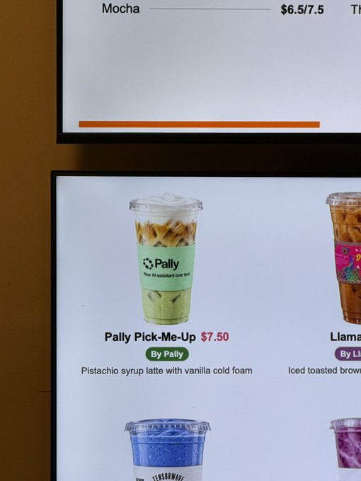 A Dunkin' menu display featuring a 'Pally Pick-Me-Up' for $7.50, described as a pistachio syrup latte with vanilla cold foam.