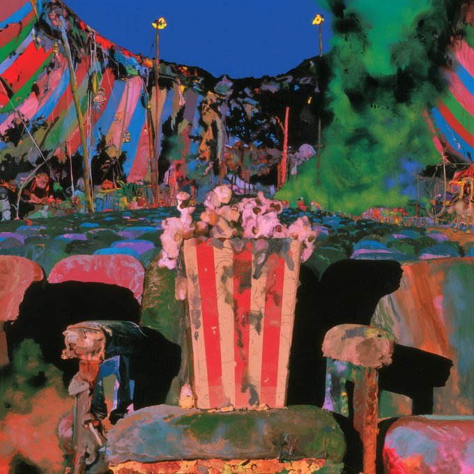 A vibrant, expressionistic painting depicting a cinema or theater seating area with red and white striped curtains, colorful hanging fabrics, and various figures seated in the foreground watching a glowing green screen.