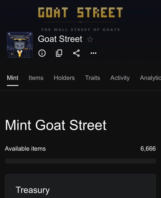 Mobile app or website interface for an NFT project called "GOAT STREET" with the subtitle "THE WALL STREET OF GOATS," showing a Mint page with 6,666 available items.