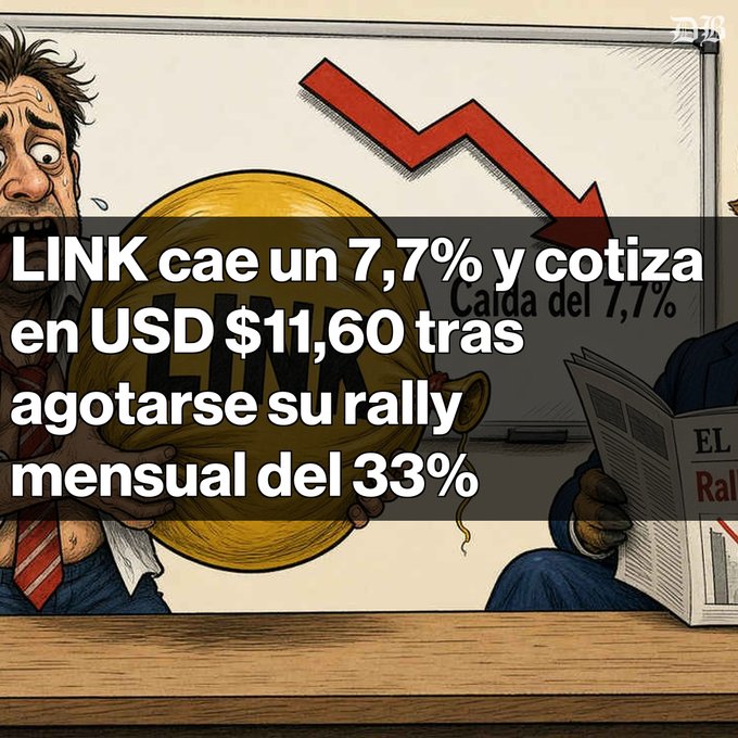 A Spanish-language cartoon illustration of a stressed trader holding a coin labeled 'LINK', with the headline 'LINK cae un 7,7% y cotiza en USD $11,60 tras agotarse su rally mensual del 33%'.