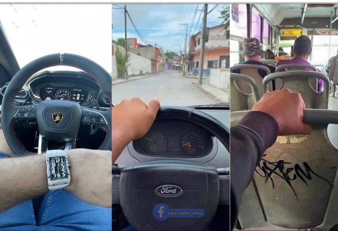A three-panel split image showing a person holding the steering wheels of a Lamborghini, a Ford truck, and a bus, with text 'Daily Crypto vibes' in the center panel.