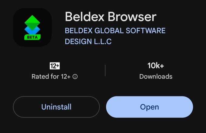 An app store listing for 'Beldex Browser' by 'BELDEX GLOBAL SOFTWARE DESIGN L.L.C' showing a BETA tag, 12+ age rating, 10k+ downloads, with Uninstall and Open buttons.