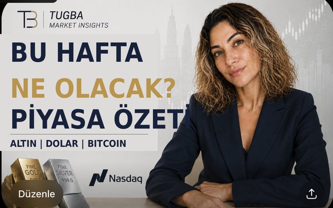 A YouTube thumbnail by 'Tuğba Market Insights' featuring a woman in a blazer, titled 'BU HAFTA NE OLACAK? PİYASA ÖZETİ' (What will happen this week? Market Summary) covering Altın (Gold), Dolar, and Bitcoin.
