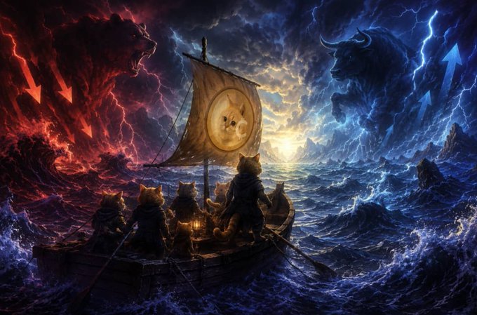 A crew of cats sails a wooden boat through a stormy sea between two elemental forces—a fiery red storm with a lion on the left and a lightning-wreathed blue storm with a bull on the right—with the sail bearing the Doge meme face, symbolizing CATCOIN's migration to Pumpfun through turbulent but charted waters. The dramatic contrast of bullish blue and bearish red storms reflects the volatility of the transition.