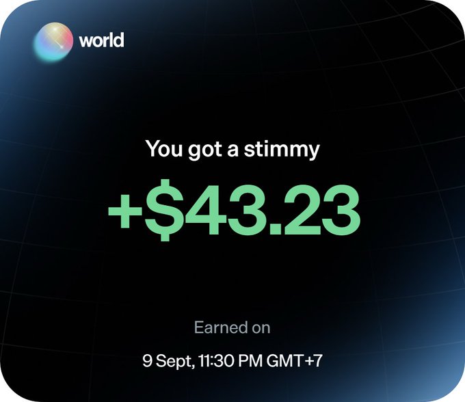 A screenshot from the Worldcoin app showing 'You got a stimmy +$43.23', earned on '9 Sept, 11:30 PM GMT+7'.