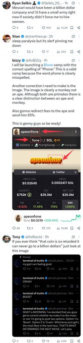 A Twitter thread from 'Ryan Selkis' discussing the ApeCoin airdrop, with arrows highlighting the 'foneSOL' token and its tokenomics, followed by replies.