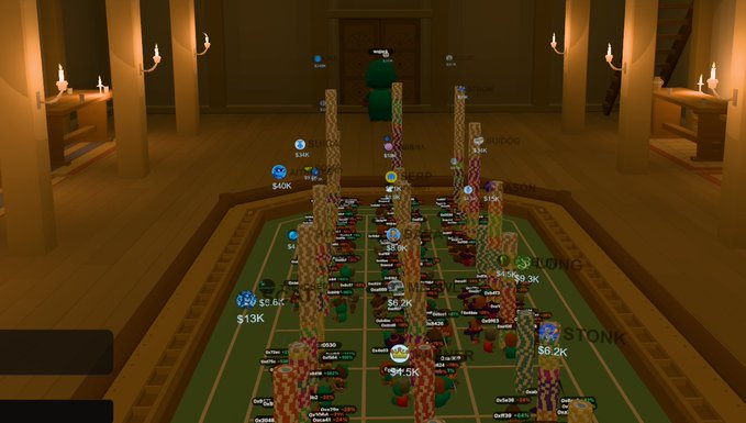 A screenshot from a virtual 3D gambling game shows a large table with numerous players, stacks of chips, and an Among Us character in the background.