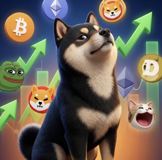 A Shiba Inu dog sits surrounded by cryptocurrency symbols including Bitcoin, Ethereum, Dogecoin, and Shiba Inu coins, along with Pepe the Frog and a green upward-trending chart.