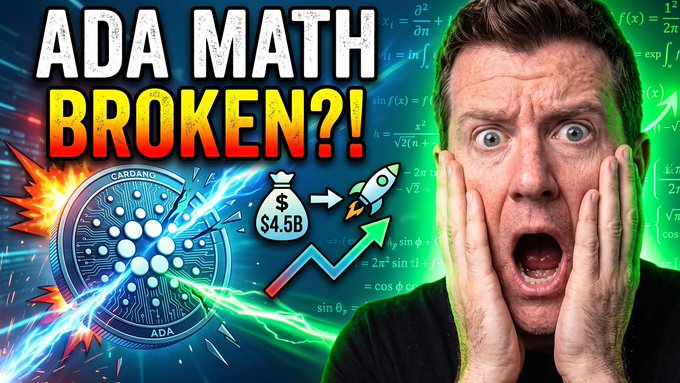 A YouTube thumbnail titled 'ADA MATH BROKEN?!' featuring a shocked man with hands on his face, alongside imagery of a Cardano ADA coin, a $4.5B money bag, and a rocket with an upward green arrow, set against a math formula background.