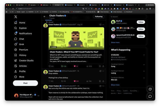 A screenshot of a Twitter (X) profile page for 'Chain Traders' (@ChainTradersNFT), showing pinned tweets about their NFT collection including 'Drop wallets' and other crypto/NFT related posts.
