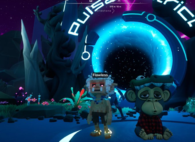A video game scene shows two blocky characters standing before a glowing blue portal labeled "Flawless."