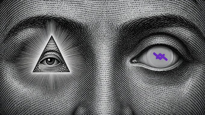A stylized black and white illustration of a face features an all-seeing eye inside a triangle on one side, with a glowing purple X logo replacing the pupil of the other eye.