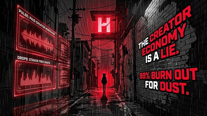A stylized red-and-black illustration of a figure walking down a rainy alleyway, with neon signs reading 'PULSE: PAID CREATOR MINDSHARE' and 'DROPS: STAKER FREE MINTS,' alongside the slogans 'THE CREATOR ECONOMY IS A LIE' and '99% BURN OUT FOR DUST.'