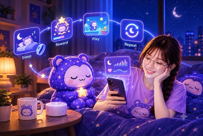 An illustration of a young woman smiling at her phone in bed at night, accompanied by a purple teddy bear, with icons floating above depicting a 'Sleep, Reward, Play, Repeat' cycle.