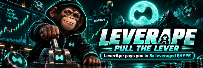 A promotional graphic for 'LEVERAPE - PULL THE LEVER' featuring a hooded cartoon monkey pulling a lever, with the tagline 'LeverApe pays you in 3x leveraged $HYPE' displayed against a teal crypto-themed background.