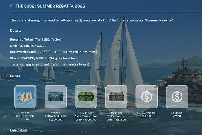 A promotional screen for "THE 8102: SUMMER REGATTA 2026" event requiring "The 8102: Yachts" tokens, with prizes including a Yacht, loot chests, and $50,000 tokens, against a background of sailboats on water.