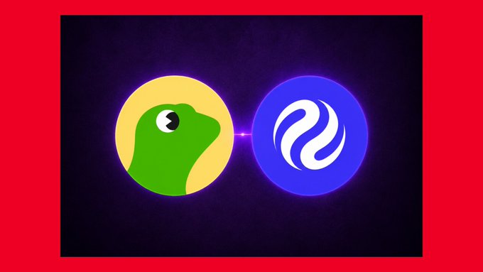 Two circular icons are shown side by side with a red border: a green dinosaur head on a yellow background and a white swirling logo on a blue background, with a purple light between them.