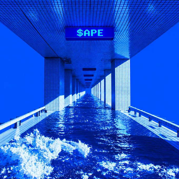 An edited image showing a blue-tiled tunnel filled with water, featuring a neon sign reading '$APE' on the ceiling.