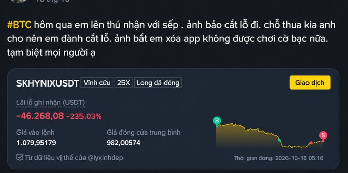 A Vietnamese text post discussing #BTC trading losses, showing a -235.03% loss of -46,268.08 USDT on the SKHYNIX/USDT pair.