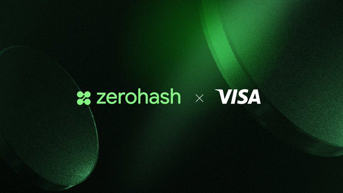 The image features the "zerohash" logo alongside the "VISA" logo separated by an "×" symbol, set against a dark green gradient background. This visual pairs with the announcement of Visa Direct's integration of stablecoin payout and prefunding capabilities powered by zerohash, symbolizing the collaboration between the two companies.