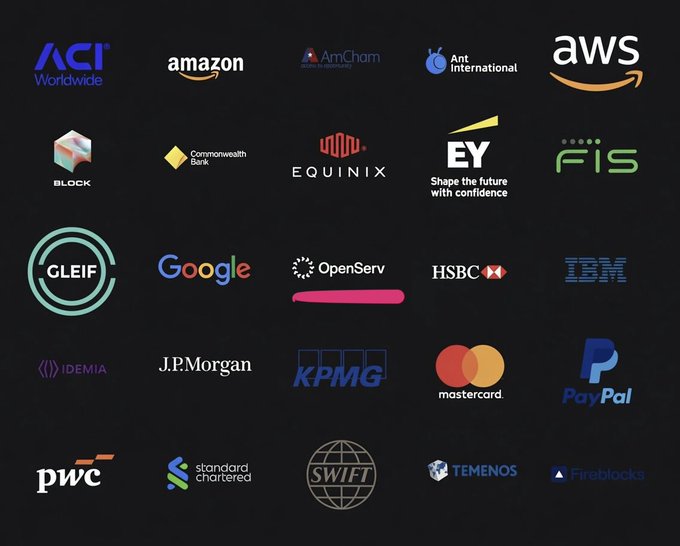 The image displays a grid of corporate logos on a black background, featuring companies such as ACI Worldwide, Amazon, AWS, Commonwealth Bank, Equinix, EY, FIS, GLEIF, Google, OpenServ, HSBC, IBM, IDEMIA, J.P. Morgan, KPMG, Mastercard, PayPal, PwC, Standard Chartered, SWIFT, Temenos, and Fireblocks. Notably, the OpenServ logo is highlighted with a pink underline, emphasizing the announcement's message that OpenServ has joined the Electronic Payments Agent Association (EPAA), as referenced in the post.