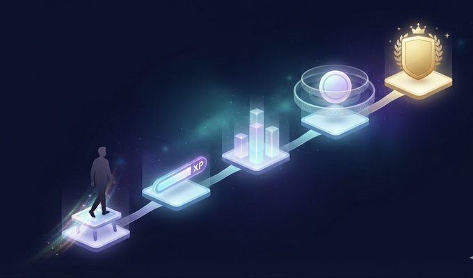 A digital illustration of a silhouetted figure walking up glowing platforms representing experience (XP) points, a bar chart, and an avatar progress bar, ending at a golden badge with a crown.