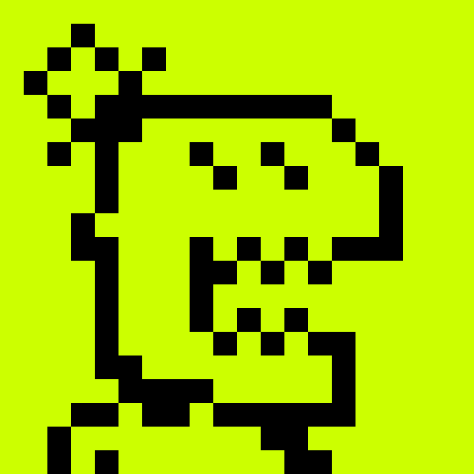 A pixelated black-and-green digital image resembling a stylized character or icon, reminiscent of classic 8-bit graphics.