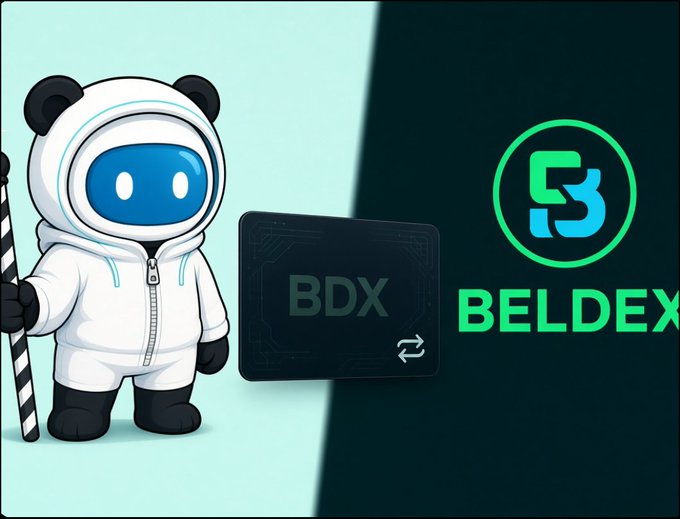 The image features a panda mascot in a white hooded suit holding a striped staff next to a card labeled "BDX," paired with the green Beldex logo on a split light and dark background—visually tying the privacy coin to a tangible payment card, reflecting the post's announcement that $BDX is now usable for real-world card spending and swaps through Beldex's Privacy Gateway.