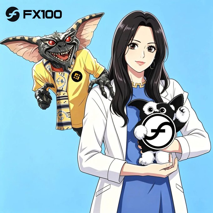 An anime-style illustration of a woman in a white lab coat holding a small black and white dog with the FX100 logo, accompanied by a gremlin-like creature in a yellow shirt, with 'FX100' branding in the corner.