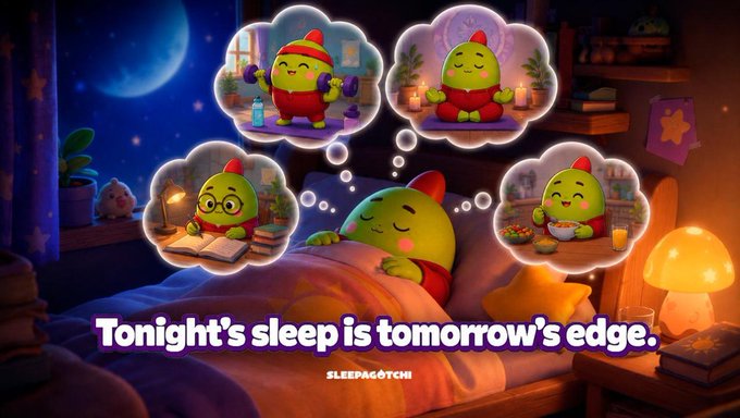 The image features a cartoon green character named @sleepagotchi who is depicted lying down in bed with his eyes closed, seemingly sleeping. The text above the image reads "Today's Sleep is Tomorrow's Edge." This phrase emphasizes the importance of sleep for our well-being and how it can impact our daily lives. The post also mentions that @sleepagotchi takes a different approach to productivity by focusing on rest and relaxation rather than constant activity or busyness, which could be seen as a valuable lesson in today's fast-paced world.