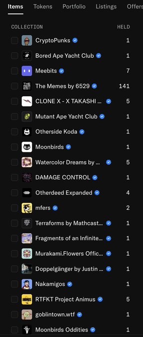 A mobile NFT collection list showing owned items including CryptoPunks (1), Bored Ape Yacht Club (1), Meebits (7), The Memes by 6529 (141), CLONE X - X TAKASHI (5), and several others like Moonbirds, mfers, and Nakamigos.