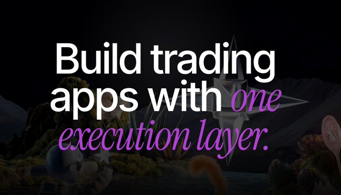 Promotional graphic with text "Build trading apps with one execution layer." overlaid on a dark, fantasy-themed landscape featuring a glowing crystal tower, mountains, and aquatic scenery, visually evoking the ambitious scope of SynRoute's chain-abstracted trading infrastructure.