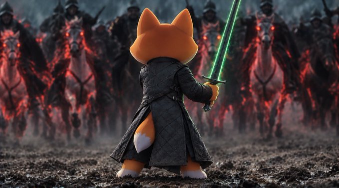 A small fox figure dressed in a dark quilted coat wields a glowing green lightsaber, standing defiantly against an ominous army of dark, red-eyed horsemen on a desolate battlefield—symbolizing an underdog facing overwhelming odds and refusing to fall.