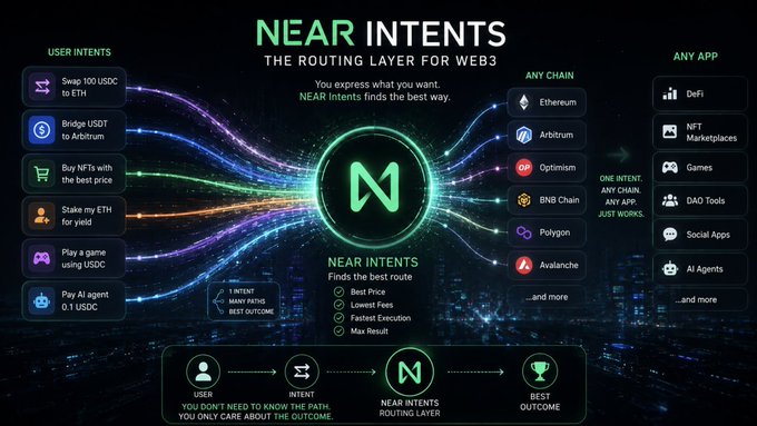 An infographic titled 'NEAR INTENTS: THE ROUTING LAYER FOR WEB3' illustrating the process of user intents being matched across various blockchains and applications.