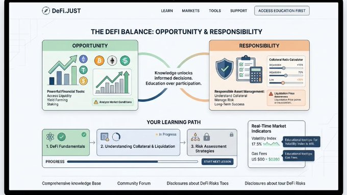 Screenshot of DeFi.JUST website titled 'THE DEFI BALANCE: OPPORTUNITY & RESPONSIBILITY,' showing an infographic about DeFi opportunities (tools, liquidity, staking) and responsibilities (collateral ratios, liquidation price), along with a learning path for DeFi fundamentals.