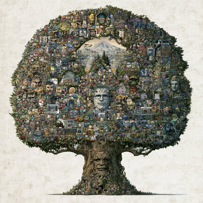 A monumental tree is depicted, its trunk forming the face of an ancient wise man and its canopy transformed into a breathtaking mosaic of civilizations, mountains, and countless tiny figures, statues, and architectural wonders. The image illustrates the post's caption about $BNKR as "the agent that acts while you sleep," suggesting an entity that operates tirelessly and autonomously—much like the timeless wisdom and endless activity encapsulated in this mythical, all-knowing tree.