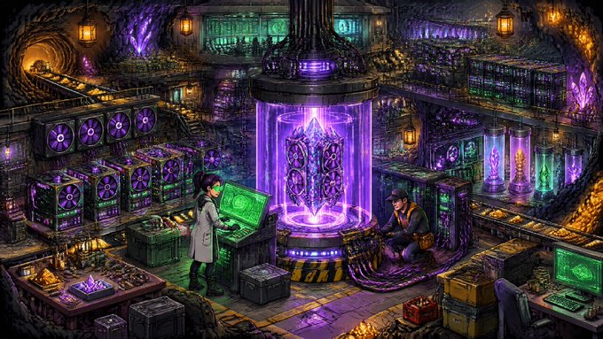 A fantasy digital artwork depicting an underground laboratory with scientists working on a glowing purple crystal encased in machinery.