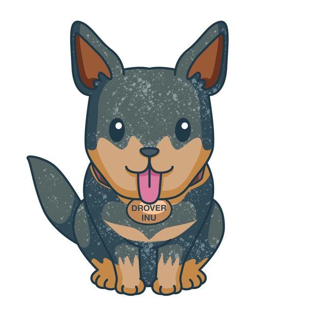A cartoon-style illustration of a sitting dog with gray and tan fur, pink tongue out, wearing a collar with a tag that reads 'DROVER INU'.