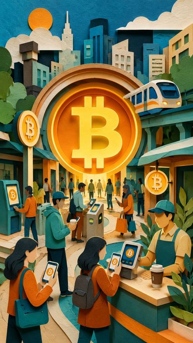 A vibrant illustration shows people using Bitcoin (BTC) at ATMs and payment kiosks in a bustling urban setting, with a large Bitcoin logo and a monorail in the background. The image visually reinforces the post's message by depicting everyday individuals engaging with Bitcoin for routine transactions, emphasizing its real-world utility as a tool for financial freedom rather than just an investment asset.