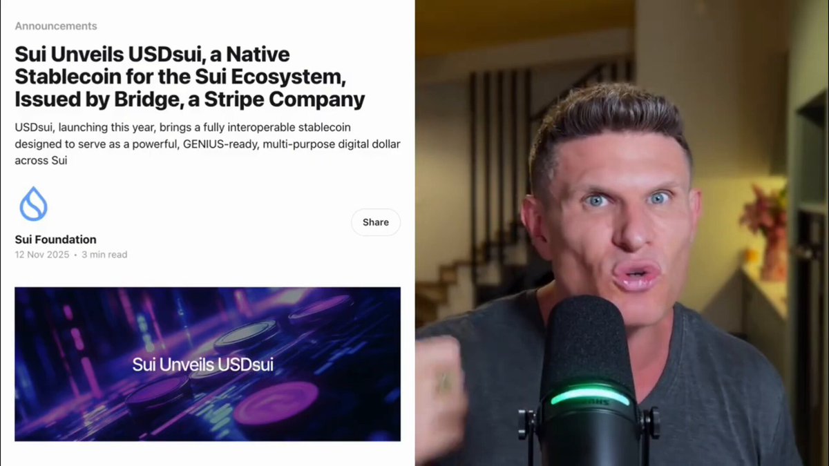 The image shows a man holding a microphone, with a caption about native stablecoins and a link to an article discussing native stablecoins. The caption reads "Look at what just landed on one blockchain. Stripe'S Bridge launched a native stablecoin on Sui. Ethena brought its synthetic dollar to Sui.". This suggests that the image is related to the discussion of native stablecoins, and it features a man holding a microphone as part of this conversation or presentation.