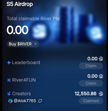 The image shows an "S5 Airdrop" interface with 0.00 total claimable River Points, alongside a Leaderboard section, a River4FUN reward (0.00), and a Creators entry showing 12,550.86 points claimed by @Alok7765. This reflects the poster's disappointing $RIVER Season 5 airdrop results, where despite grinding for points, the claimed value was minimal—contrasting with larger creator earnings to highlight the disparity in rewards.