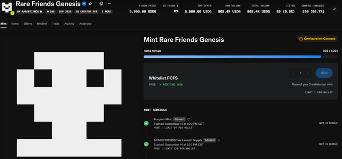 A screenshot of the "Mint Rare Friends Genesis" NFT minting page shows a pixelated character with 898/1024 items already minted, featuring a Whitelist FCFS option and a mint schedule listing upcoming drops from "SHAREFRIENDS" and "Poopals Mint" at prices of 0.2 ETH and 1 ETH respectively. The high mint count (898/1024) reinforces the post's urgent "Come on guys, mint!" call-to-action, suggesting the collection is nearly sold out.