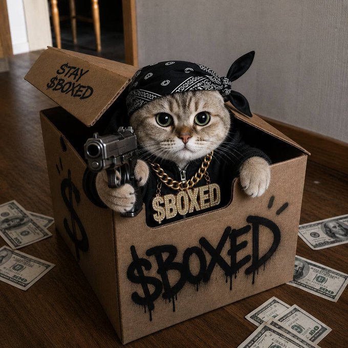 A cat dressed as a gangster with a bandana, gold '$BOXED' chain, and a toy gun, sitting in a cardboard box with '$BOXED' written on it, surrounded by dollar bills.