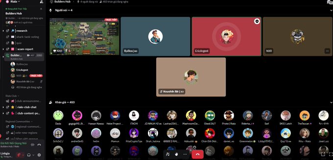 A video call interface (likely Discord) shows a 'Builders Hub' voice channel with four active participants, including one screen-sharing a game, and a list of regional community servers at the bottom.