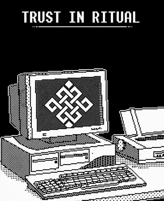 The image shows a pixel-art style illustration of a vintage computer setup, featuring a CRT monitor displaying an endless knot symbol, with a printer and keyboard beside it. At the top, the text "TRUST IN RITUAL" appears in a retro digital font against a black background, reinforcing the post's message about Ritual's role in building decentralized AI through incremental, symbolic contributions.

The endless knot on the screen visually ties into the post's theme of interconnected progress, suggesting that each step in Ritual's community-driven journey contributes to a larger, unbroken chain of innovation.