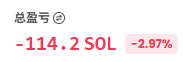 A financial display showing a total profit/loss of -114.2 SOL with a -2.97% decrease in red text, with Chinese text '总盈亏' (Total P&L).