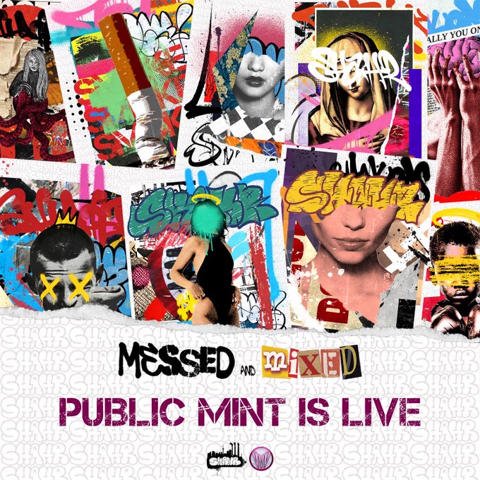 An advertisement for a 'MESSED and MIXED' NFT public mint, featuring a colorful graffiti collage of overlapping faces and stylized text.